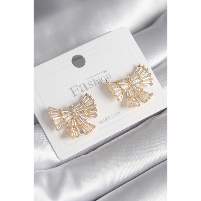 Pirinç Gold Renk Zirkon Taşlı Kurdele Model Kadın Küpe - TJ-BKP8599