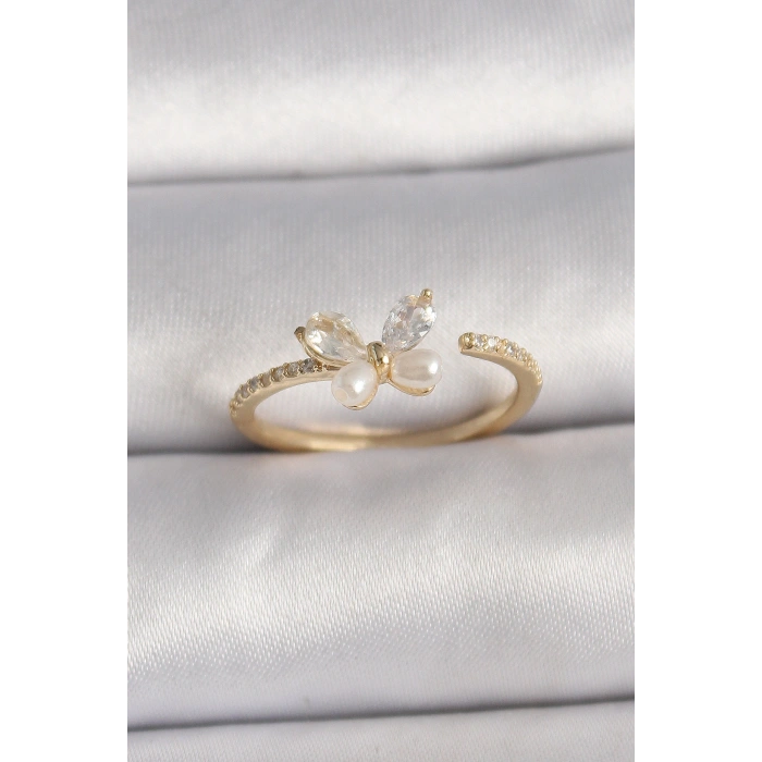 Pirinç Gold Renk Zirkon Taşlı Mode İnci Detay Ayarlanabilir Yüzük - TJ-BYK3557