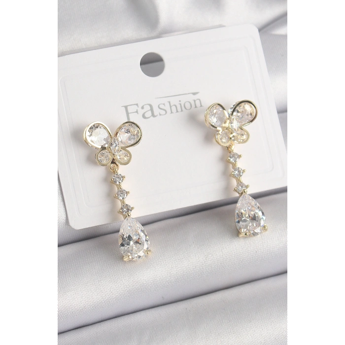 Pirinç Gold Renk Zirkon Taşlı Model Sallantı Damla Zirkon Taş Kadın Küpe - TJ-BKP9860