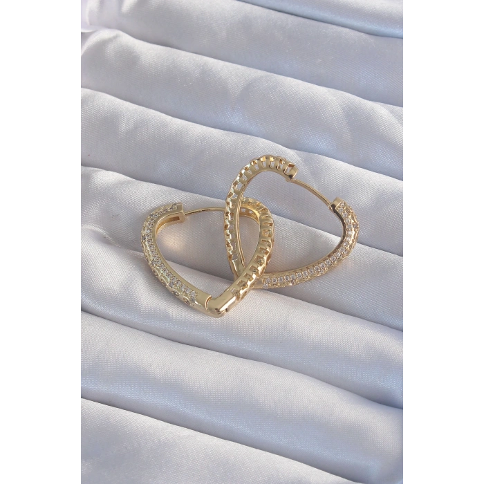 Pirinç Gold Renk Zirkon Taşlı Motifli Kalp Küpe - TJ-BKP9285