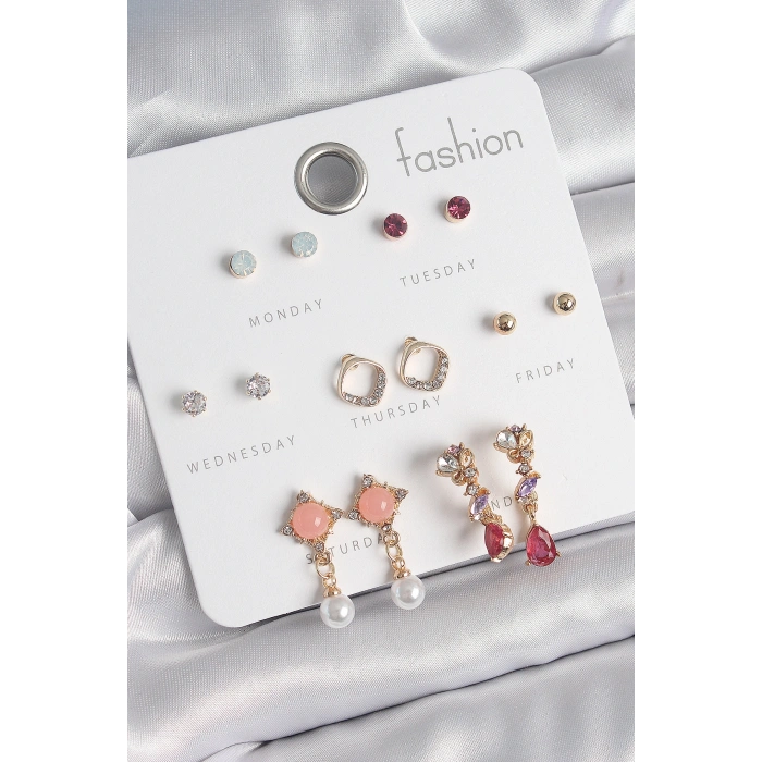 Pirinç Gold Renk Zirkon Taşlı Sallantı İnci Detay 7 Çift Kadın Küpe - TJ-BKP10534