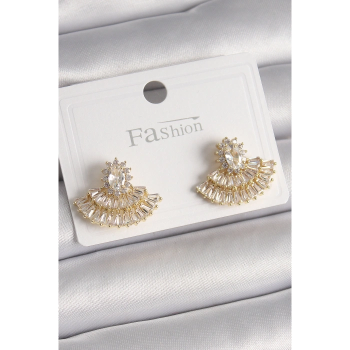Pirinç Gold Renk Zirkon Taşlı Yelpaze Model Kadın Küpe - TJ-BKP9915