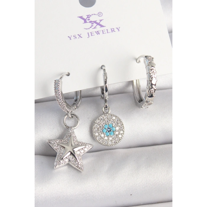 Pirinç Gold Renk Zirkon Taşlı Yıldız Model Nazar Boncuk Detay 3Lü Kadın Kombin Küpe - TJ-BKP10446