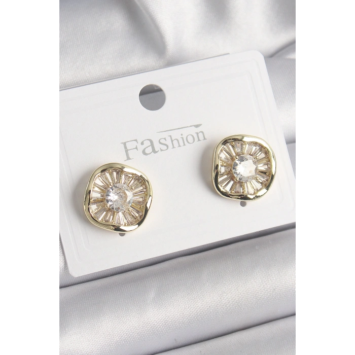 Pirinç Gold Renk Zirkon Taşlı Yonca Model Kadın Küpe