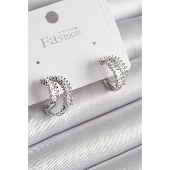 Pirinç Gümüş Renk 2Li Zirkon Taşlı Halka Model Kadın Küpe - TJ-BKP9976