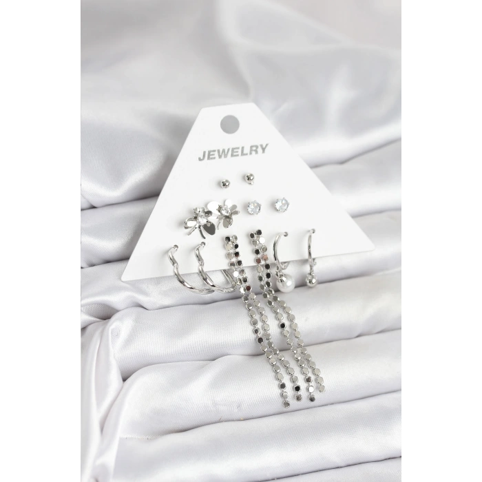 Pirinç Gümüş Renk 6 Çift Kadın Küpe - TJ-BKP11336