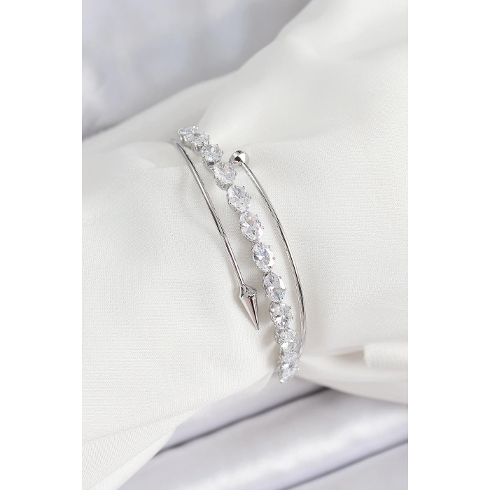 Pirinç Gümüş Renk Arpa Zirkon Taşlı Kadın Bileklik - TJ-BB7064