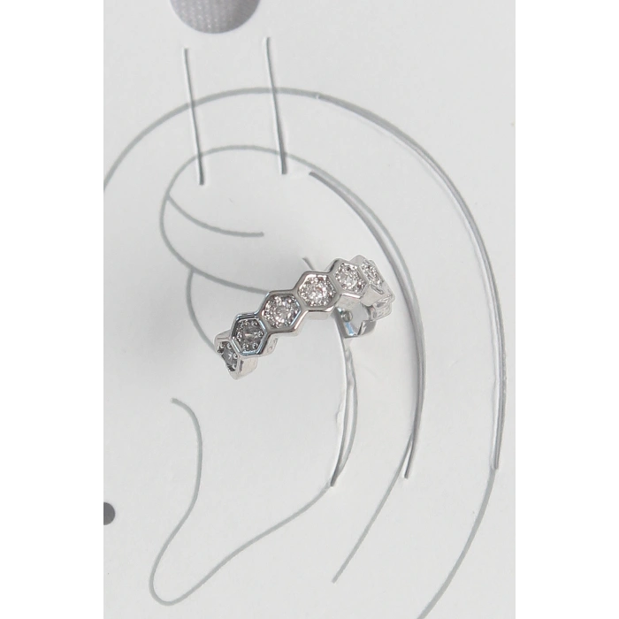 Pirinç Gümüş Renk Bal Peteği Model Zirkon Taşlı Kadın Kıkırdak Küpe - TJ-BKP10568