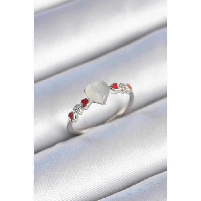 Pirinç Gümüş Renk Beyaz Mineli Kalp Model Zirkon Taş Detaylı Kadın Yüzük - TJ-BYK3459