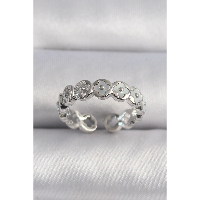 Pirinç Gümüş Renk Beyaz Sedefli Yonca Model Kadın Yüzük - TJ-BYK3497