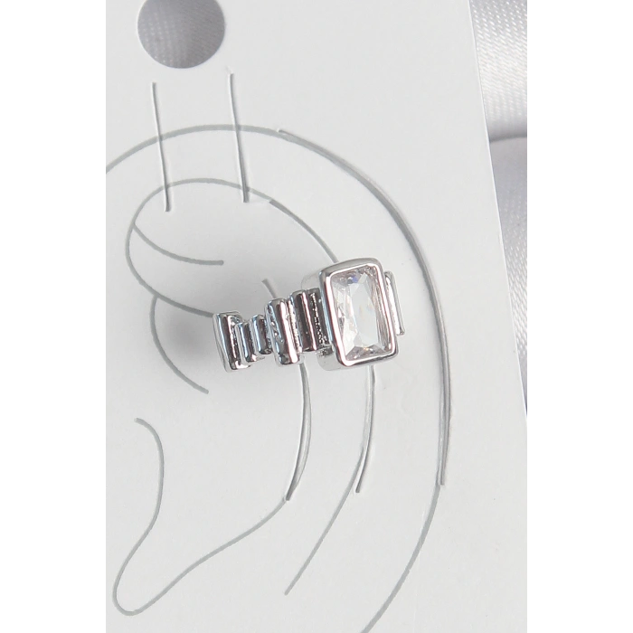 Pirinç Gümüş Renk Kare Zirkon Taşlı Kadın Kıkırdak Model Küpe - TJ-BKP10560