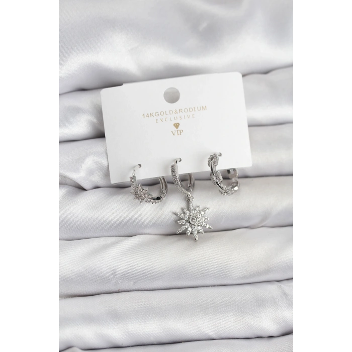 Pirinç Gümüş Renk Kutup Yıldızı Model 3lü Kadın Küpe Seti - TJ-BKP11448