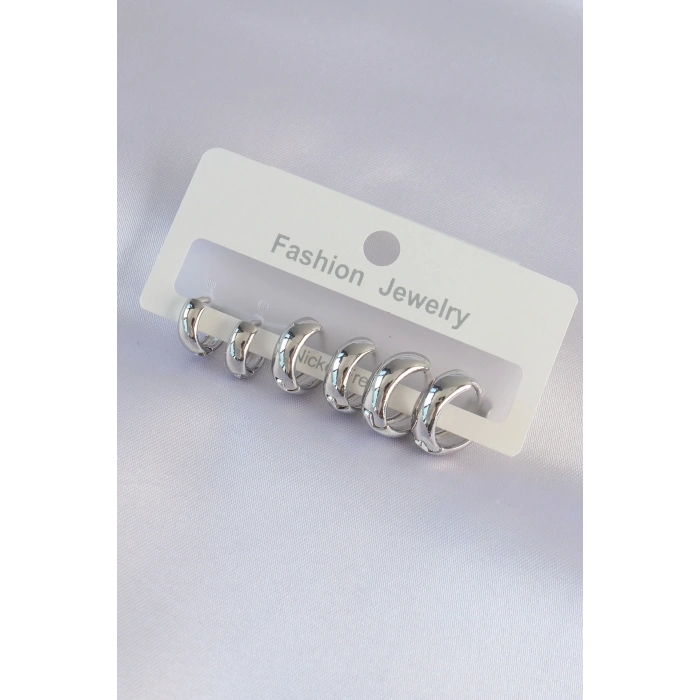 Pirinç Gümüş Renk Oval Bombeli Küpe Seti - TJ-BKP9001