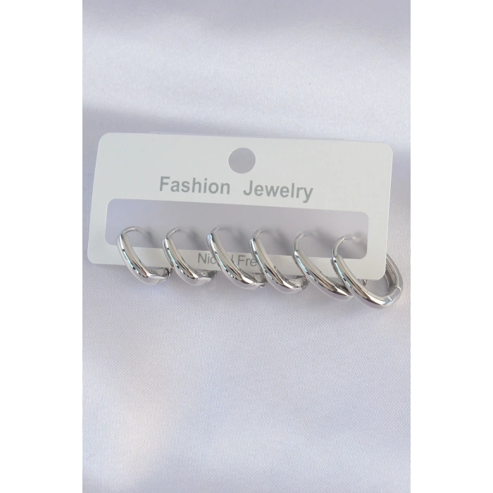 Pirinç Gümüş Renk Oval Küpe Seti