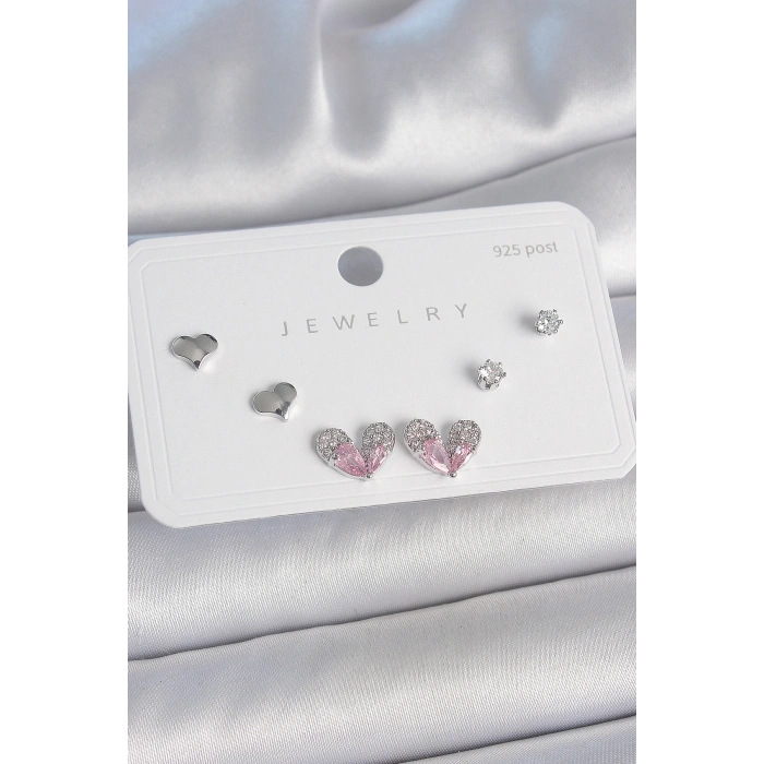 Pirinç Gümüş Renk Pembe Zirkon Taşlı Kalp Model 925 Ayar Gümüş Çivi Kadın Küpe Seti - TJ-BKP10493