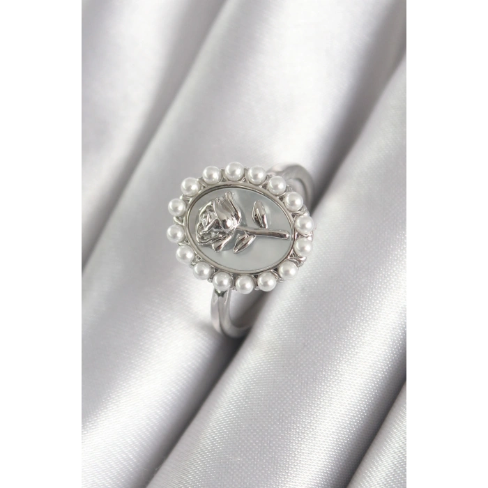 Pirinç Gümüş Renk Portre Gül Model İnci Detay Kadın Yüzük - TJ-BYK3064