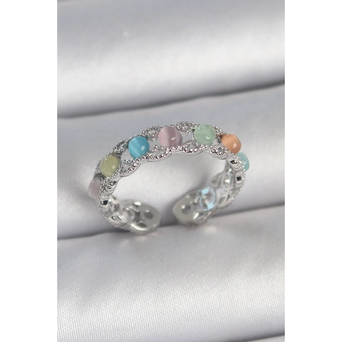 Pirinç Gümüş Renk Renkli Mineli Ayarlanabilir Kadın Yüzük - TJ-BYK3746