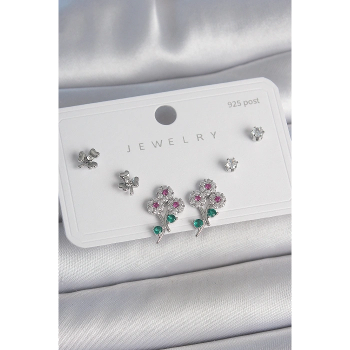 Pirinç Gümüş Renk Renkli Zirkon Taşlı Çiçek Model Yaprak Detay 925 Ayar Gümüş Çivi Kadın Küpe Seti - TJ-BKP10487