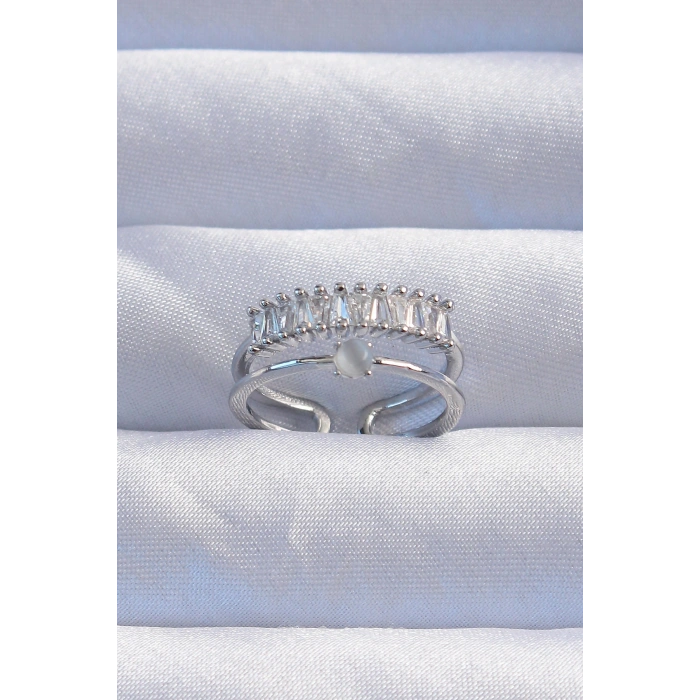 Pirinç Gümüş Renk Sedefli Zirkon Taşlı Su Yolu Model 2li Görünüm Ayarlanabilir Yüzük - TJ-BYK3254