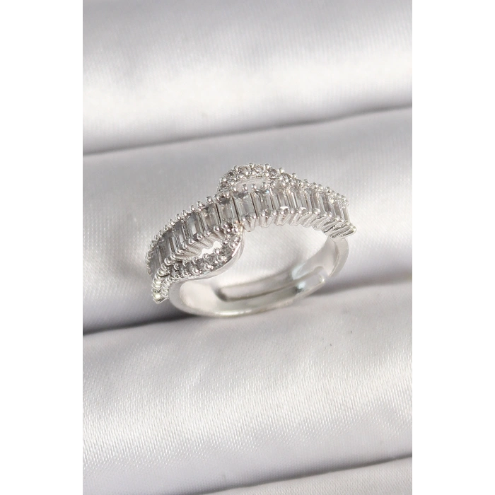 Pirinç Gümüş Renk Su Yolu Zirkon Taşlı Ayarlanabilir Model Kadın Yüzük - TJ-BYK3690