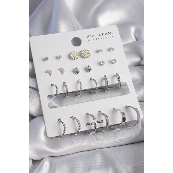 Pirinç Gümüş Renk Zirkon Taş Detaylı 12 Çift Kadın Küpe Seti - TJ-BKP9686