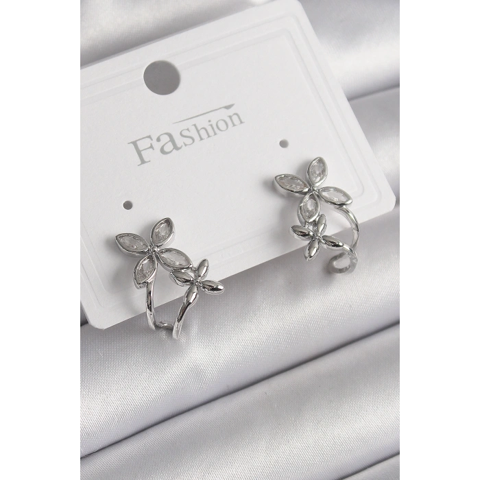 Pirinç Gümüş Renk Zirkon Taşlı 2Li Çiçek Model Kadın Küpe - TJ-BKP9962