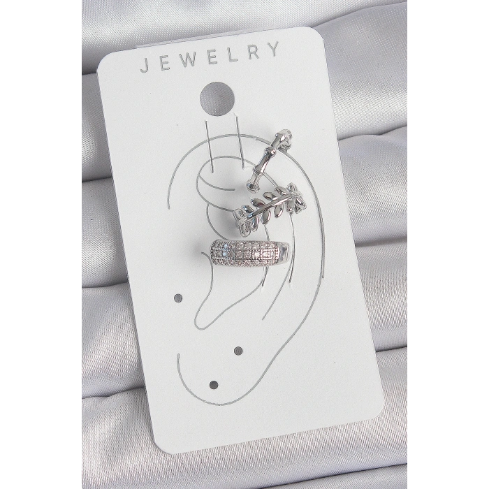 Pirinç Gümüş Renk Zirkon Taşlı 3Lü Model Yaprak Figür Kadın Kıkırdak Küpe - TJ-BKP10564