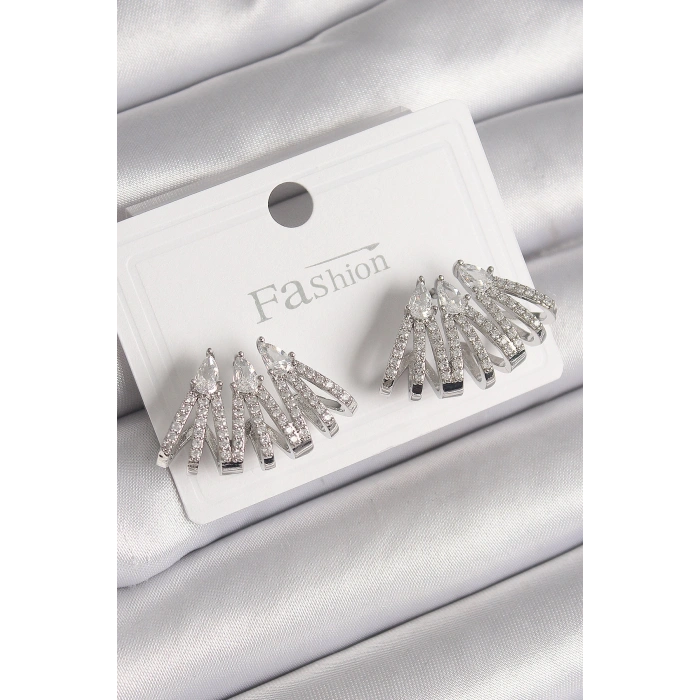 Pirinç Gümüş Renk Zirkon Taşlı Deniz Kabuğu Model Kadın Küpe - TJ-BKP9797