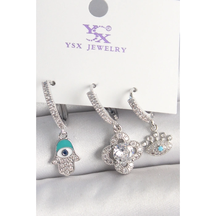 Pirinç Gümüş Renk Zirkon Taşlı Fatma Ana Yonca Figür Göz Detay 3Lü Kadın Kombin Küpe - TJ-BKP10450