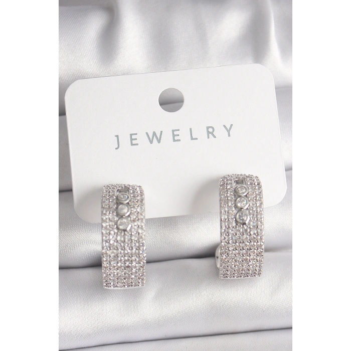 Pirinç Gümüş Renk Zirkon Taşlı Halka Messika Model Kadın Küpe - TJ-BKP10018