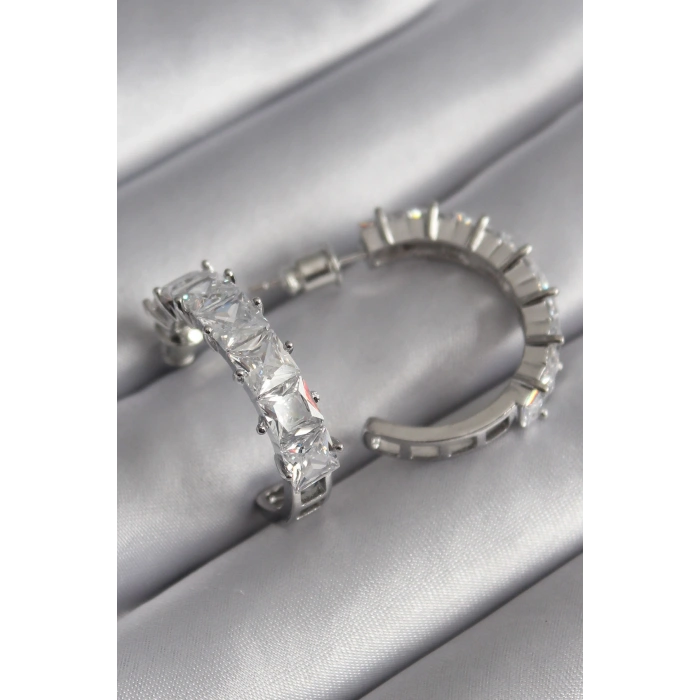 Pirinç Gümüş Renk Zirkon Taşlı Halka Model Kadın Küpe - TJ-BKP8610