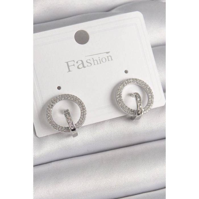 Pirinç Gümüş Renk Zirkon Taşlı Halka Model Kadın Küpe - TJ-BKP9924