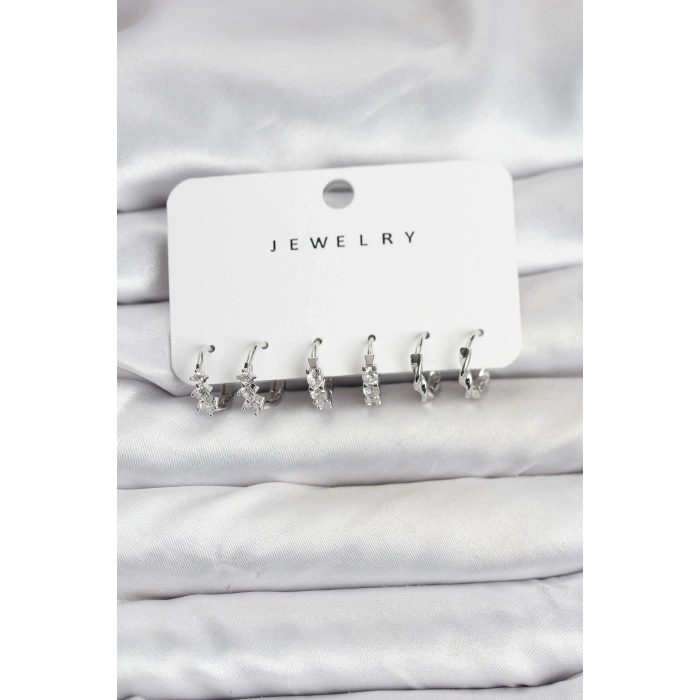 Pirinç Gümüş Renk Zirkon Taşlı Kadın Küpe Seti - TJ-BKP11478