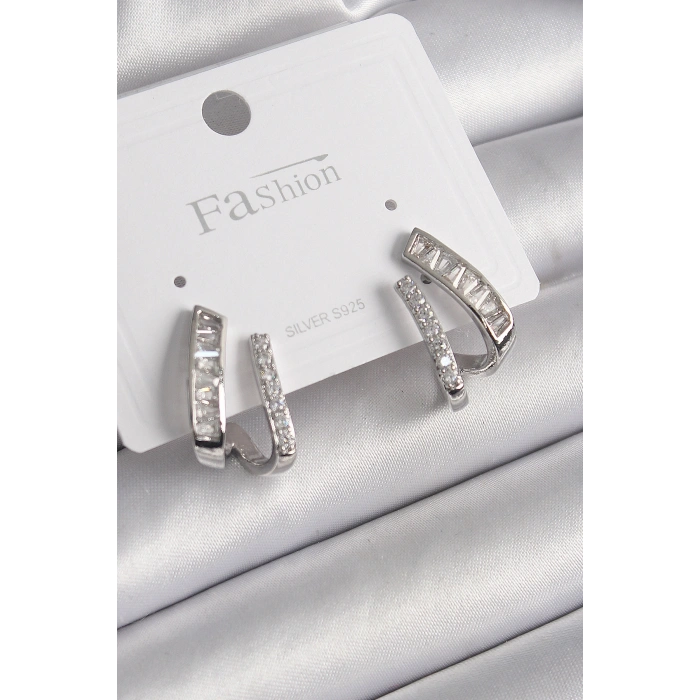 Pirinç Gümüş Renk Zirkon Taşlı Kadın Küpe - TJ-BKP9970