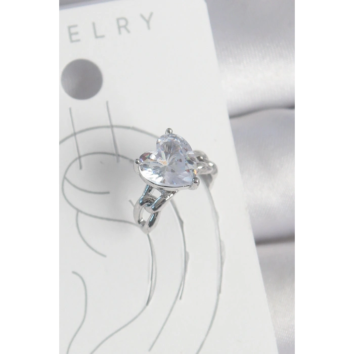 Pirinç Gümüş Renk Zirkon Taşlı Kalp Model Kadın Kıkırdak Küpe - TJ-BKP10563