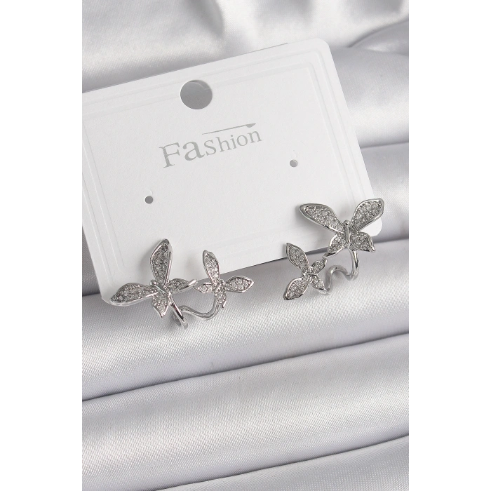 Pirinç Gümüş Renk Zirkon Taşlı Model Kadın Küpe - TJ-BKP9839