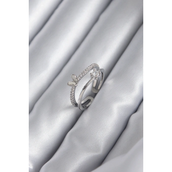 Pirinç Gümüş Renk Zirkon Taşlı Model Kadın Yüzük - TJ-BYK2932