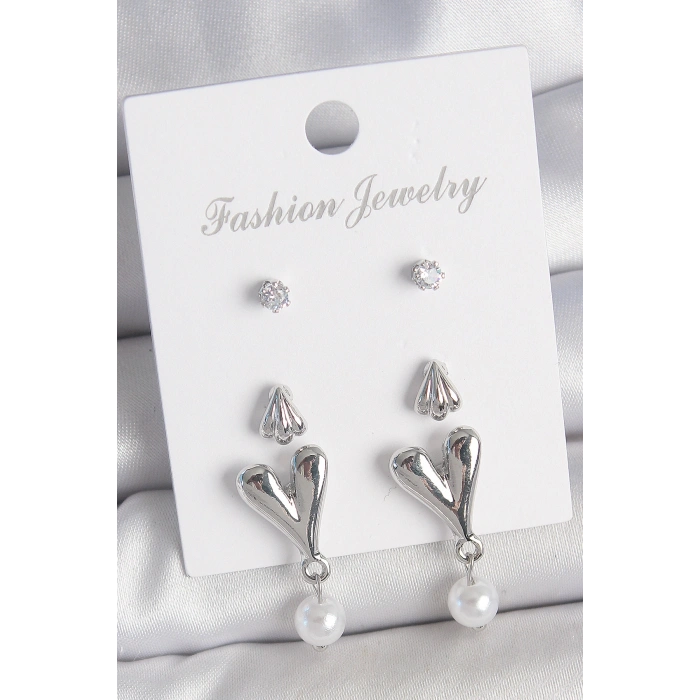 Pirinç Gümüş Renk Zirkon Taşlı Sallantılı Kalp Model 3 Çift Kadın Küpe Seti - TJ-BKP10590