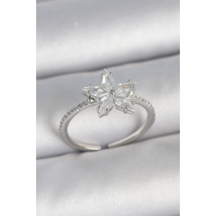 Pirinç Gümüş Renk Zirkon Taşlı Yıldız Model Ayarlanabilir Kadın Yüzük - TJ-BYK3716