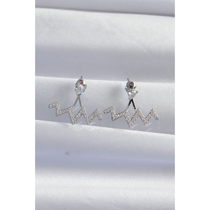 Pirinç Gümüş Renk Zirkon Taşlı Zikzak Küpe