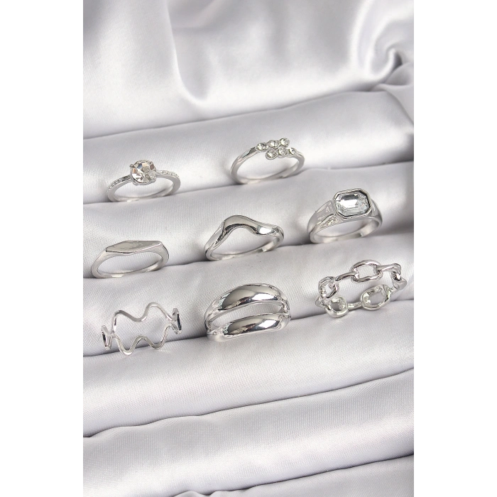 Pirinç Gümüş Renk Zirkon Taşlı Zincir Model Detay Kadın Yüzük Kombini - TJ-BYK3647