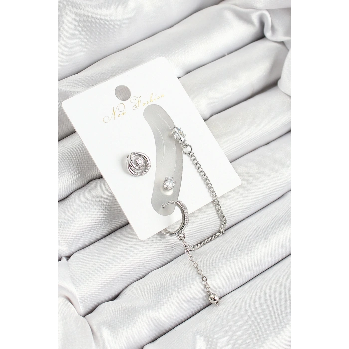 Pirinç Halka Figürlü Zirkon Taşlı Gümüş Renk 3lü Kıkırdak Kadın Küpe Set - TJ-BKP10662