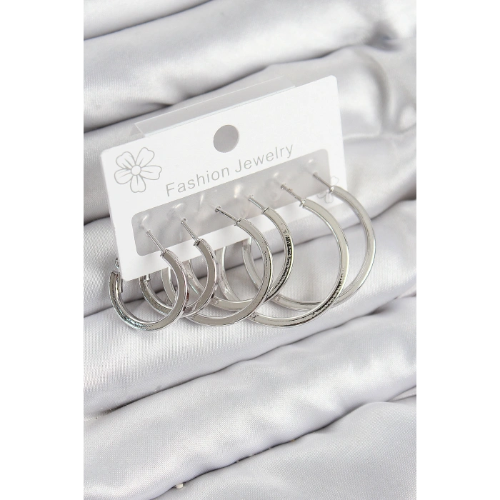 Pirinç Halka Model Gümüş Renk Kadın Set Küpe - TJ-BKP11038