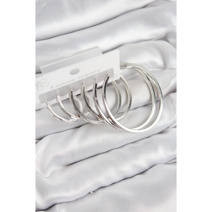 Pirinç Halka Model Gümüş Renk Kadın Set Küpe - TJ-BKP11050