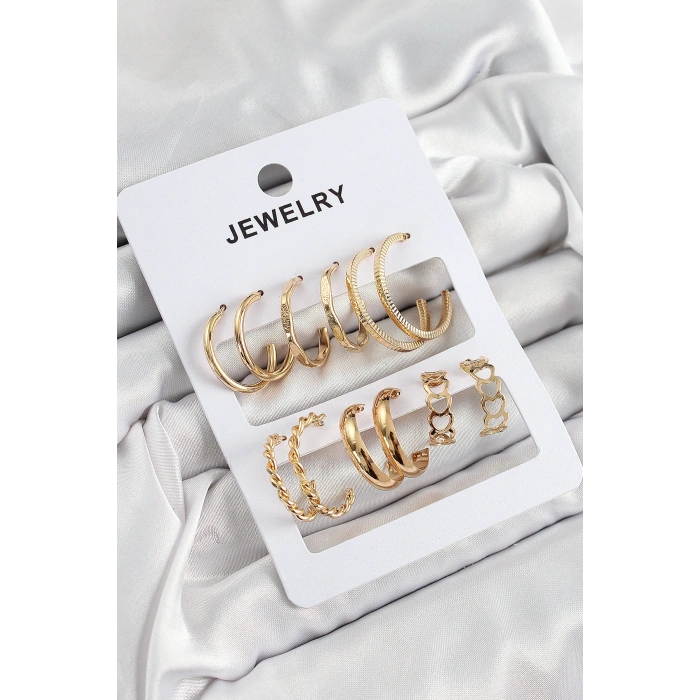 Pirinç Karışık Halka Model Gold Renk 6 Çift Kadın Küpe Set - TJ-BKP10885
