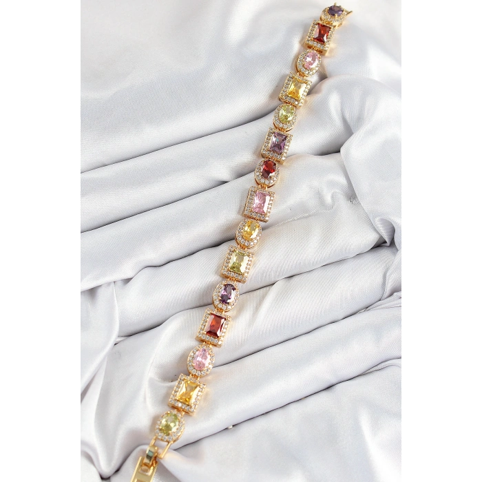 Pirinç Karışık Zirkon Taşlı Baget Model Gold Renk VIP Seri Kadın Bileklik - TJ-BB7504