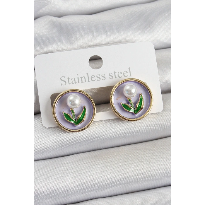 Pirinç Mor Mineli Lale Figürlü Sanatsal Portre Model Gold Renk Kadın Küpe - TJ-BKP10676