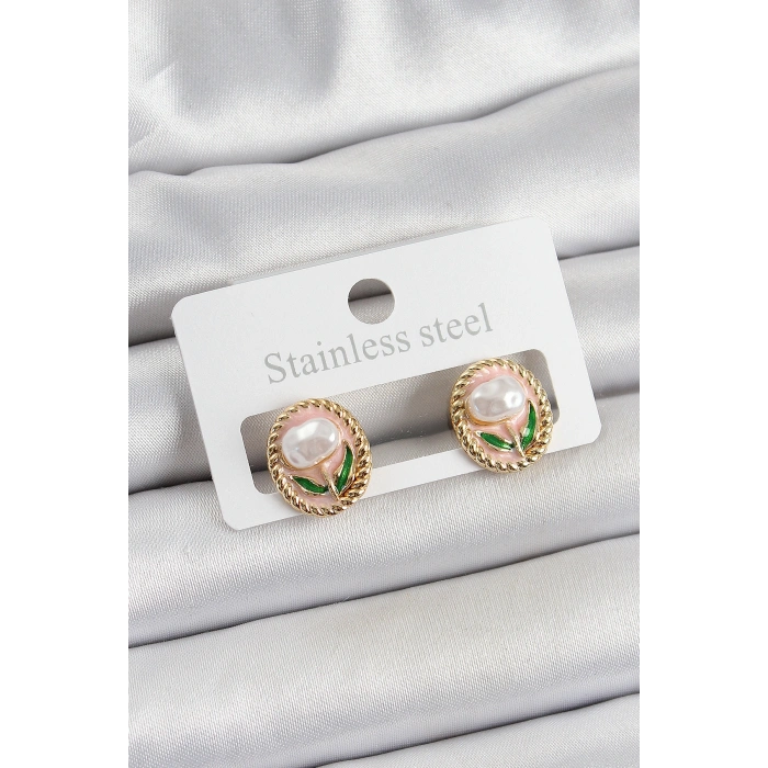 Pirinç Pembe Mineli Lale Figürlü Sanatsal Portre Model Gold Renk Kadın Küpe - TJ-BKP10672