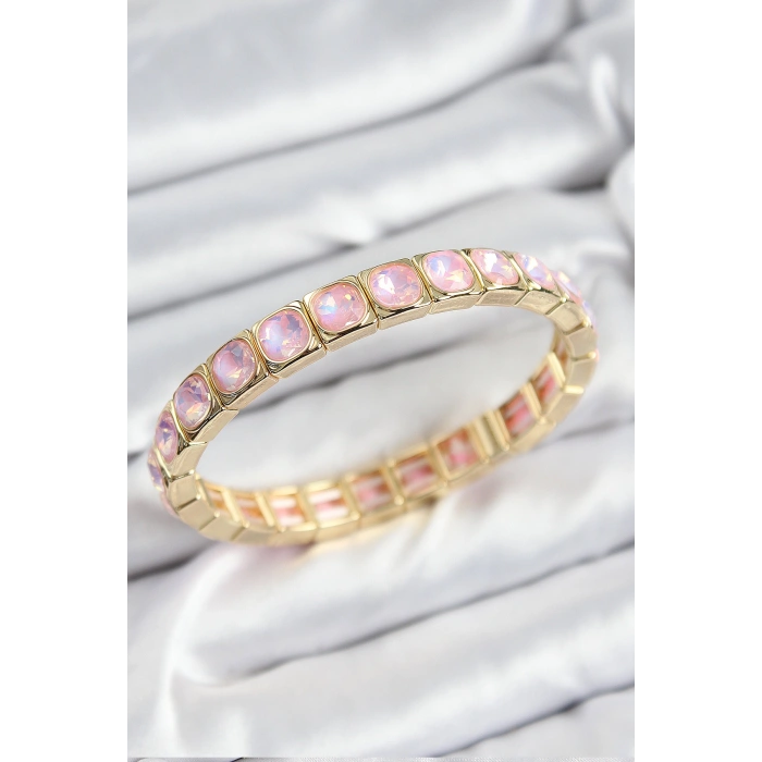 Pirinç Pembe Zirkon Taşlı Kare Model Gold Renk Lastikli Kadın Bileklik - TJ-BB7499
