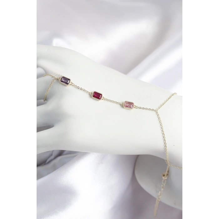 Pirinç Renkli Zirkon Taşlı Dikdörtgen Model Gold Renk Kadın Şahmeran - TJ-SN693